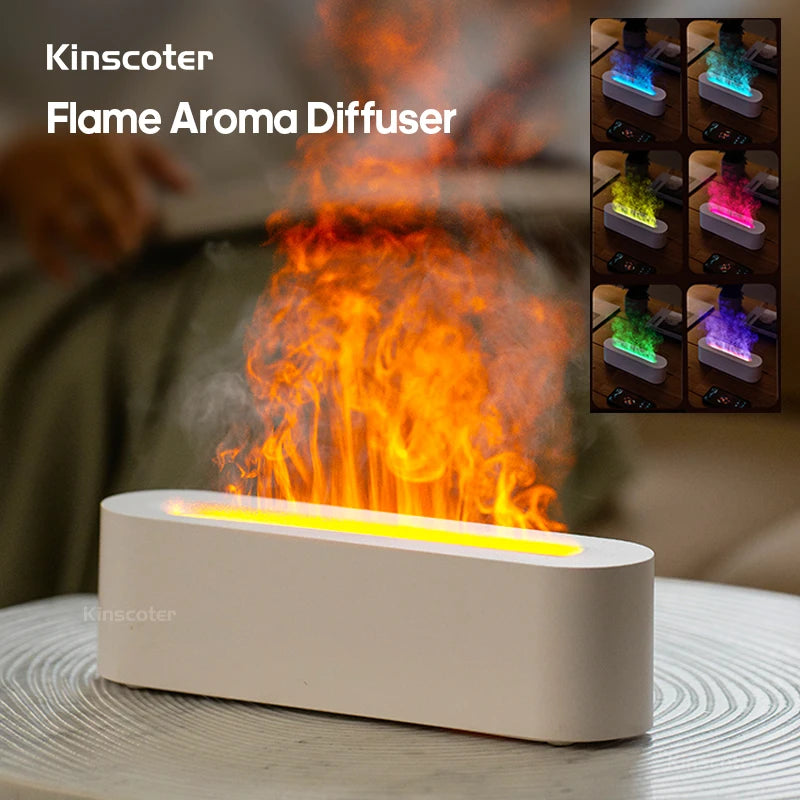 Diffuseur d’Huiles Essentielles KINSCOTER avec Effet Flamme, Humidificateur Ultrasonique et Lumière Nocturne RGB – Brume Fraîche et Ambiance Feu Réaliste